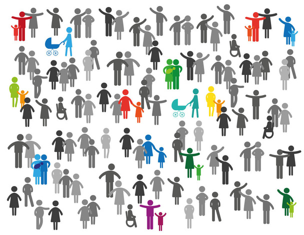 Pittogrammi astratti colorati che mostrano figure felici famiglia, gruppo o squadra
 - Vettoriali, immagini