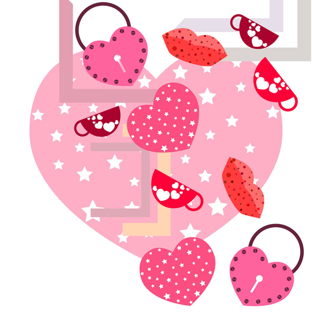 Valentine's Day, mug, lock, lips, heart, vector background - Vektör, Görsel