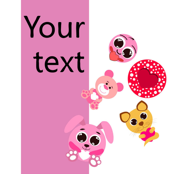Valentine's Day, cat, bunny, bear, heart,smiley, vector background - Vetor, Imagem
