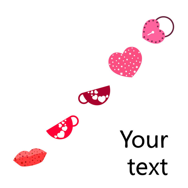 Valentine's Day, mug, lock, lips, heart, vector background - ベクター画像