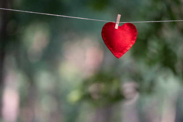Tarjeta de San Valentín con espacio para insertar texto. Corazón rojo sobre un fondo de vegetación verde
 - Foto, imagen