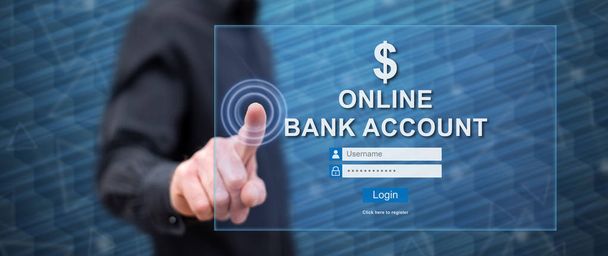 Hombre tocando un sitio web de cuenta bancaria en línea en una pantalla táctil con su dedo
 - Foto, Imagen