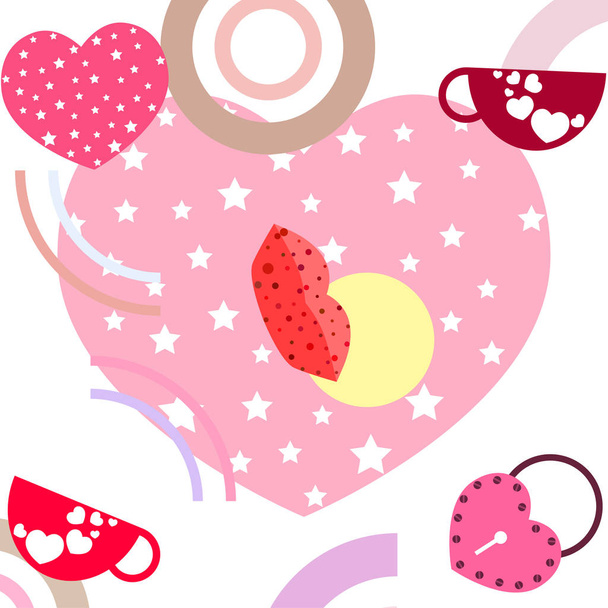 Valentine's Day, mug, lock, lips, heart, vector background - Vecteur, image