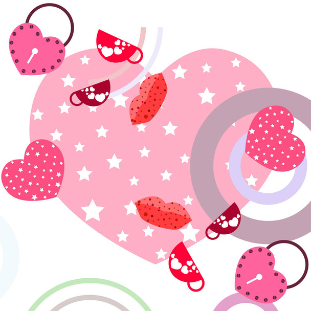 Valentine's Day, mug, lock, lips, heart, vector background - Vector, afbeelding
