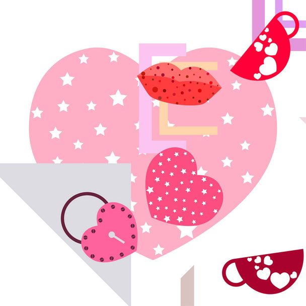 Valentine's Day, mug, lock, lips, heart, vector background - Vektori, kuva