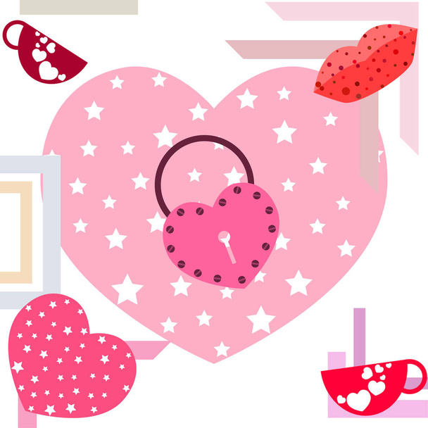 Valentine's Day, mug, lock, lips, heart, vector background - Vector, Imagen