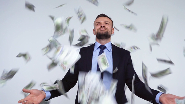 Slow motion of dollars falling on formally dressed man - Felvétel, videó