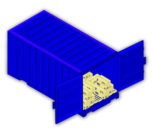 Izometrické vektorové ilustrace kovové nádoby pro logistiku a dopravu zásilky s kartony s označením na paletách a bílým pozadím - Vektor, obrázek