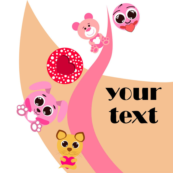 Valentine's Day, cat, bunny, bear, heart,smiley, vector background - Vector, imagen