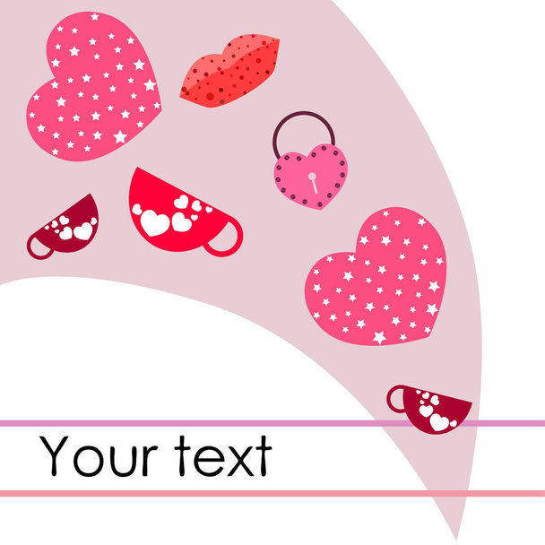 Valentine's Day, mug, lock, lips, heart, vector background - Vector, Image