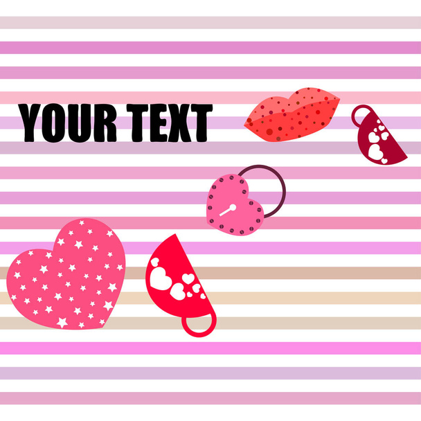 Valentine's Day, mug, lock, lips, heart, vector background - Vektor, Bild