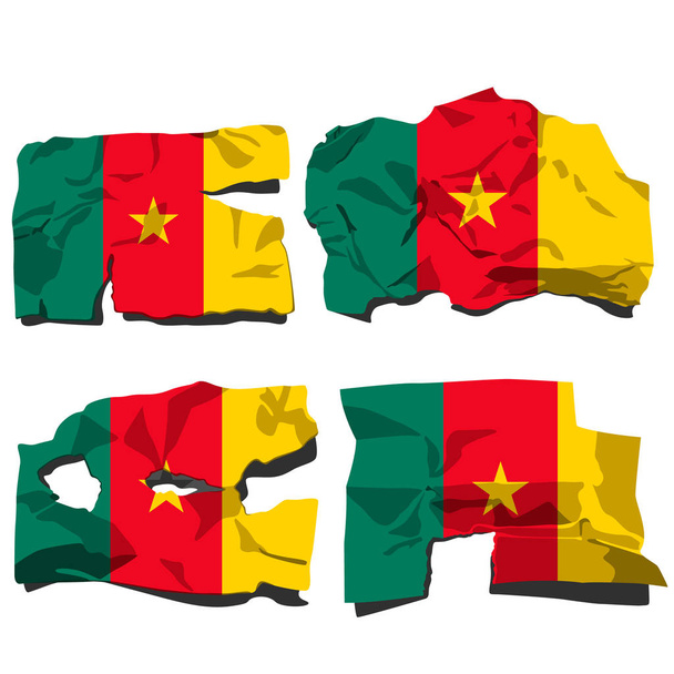conjunto de quatro bandeiras, ilustração de bandeiras rasgadas, bandeira Cameroun, vetor isolado em fundo branco
 - Vetor, Imagem