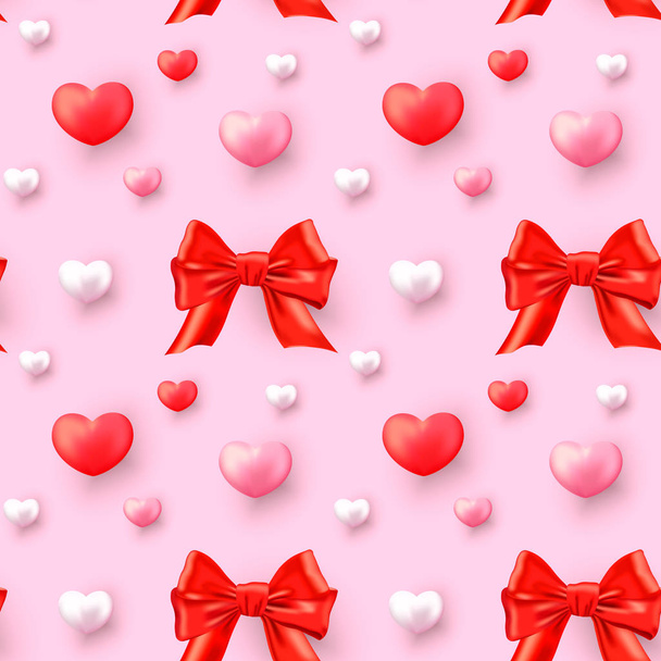 Valentines Day seamless pattern with realistic hearts and bows on pink background. Valentines Day background for festive decor, wrapping paper, print, textile, fabric, wallpaper. - Vector, Image