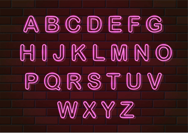 glowing neon letters english alphabet vector illustration on brick wall background - Vektor, obrázek
