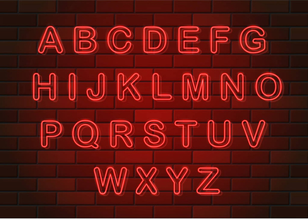 glowing neon letters english alphabet vector illustration on brick wall background - Vector, Imagen