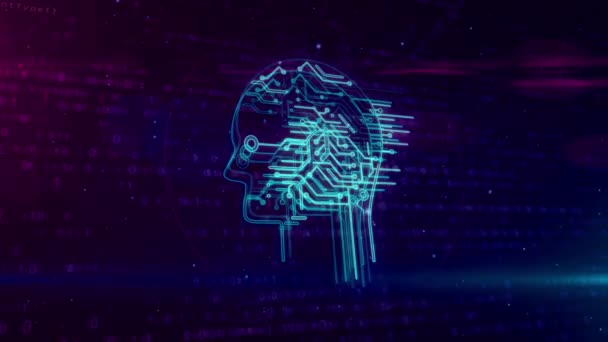 Mesterséges intelligencia számítógépes fej szimbólum a digitális háttér. Retro kibernetikus agy 3d absztrakt Hurkolás és zökkenőmentes animáció. - Felvétel, videó