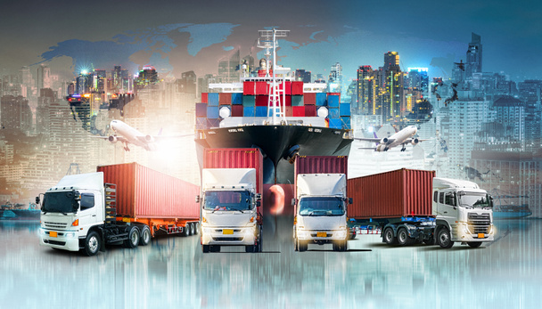 Küresel iş lojistiği ihracat geçmişi ve konteynır kargo nakliye gemisi konsepti - Fotoğraf, Görsel