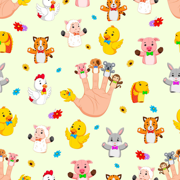  Seamless pattern with Hand wearing cute finger puppets - Vector, Image