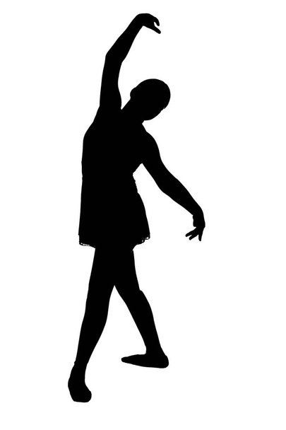 JPG черный силуэт девушки-подростка на белом фоне в различных классических и современных позах на балет - pre pointe в тапочках и лентах, руки вверх или вниз
. - Фото, изображение