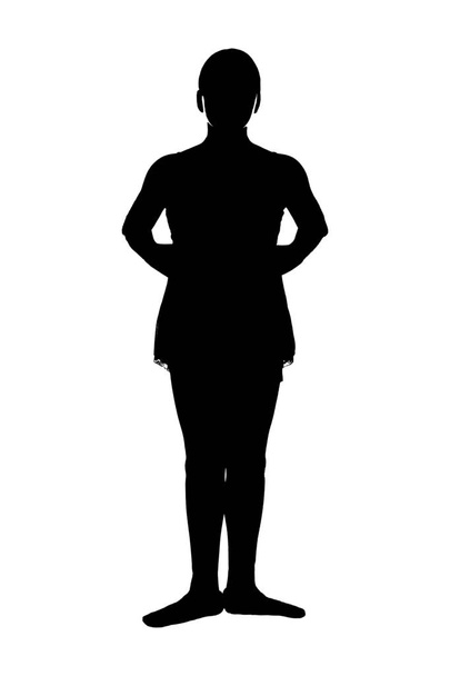 JPG of young teen female ballet dancer in RAD ballet poses black silhouette on white background; First 1st position from teacher's perspective - Photo, Image