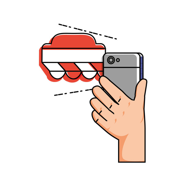 рука за допомогою смартфона з ринковим наметом Векторний дизайн ілюстрації
 - Вектор, зображення