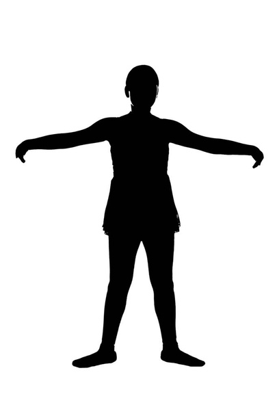 JPG of young teen female ballet dancer in RAD ballet poses black silhouette on white background; Second 2nd position from teacher's perspective - Photo, Image