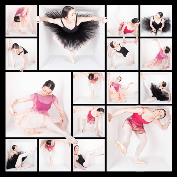 Serie caja blanca Bailarina de ballet femenina adolescente posa en una caja blanca en tutú, maillot o outift comtemporáneo. Collage utilizando múltiples capas de Photoshop, máscaras y plantillas, bordes y rejilla. Inspira
 - Foto, imagen