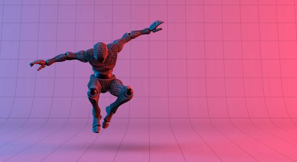 Robot wireframe salto en el gradiente rojo violeta fondo, 3d renderizado
 - Foto, imagen