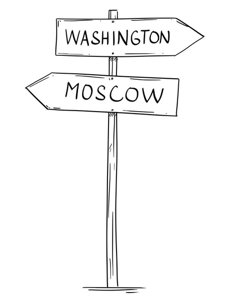 Zeichnung eines alten Wegweisers mit zwei Richtungspfeilen und Moskau- und Washingtontexten - Vektor, Bild