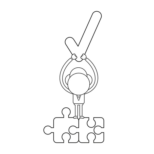 Illustration vectorielle homme d'affaires personnage tenant coche sur deux pièces de puzzle connecté. contour noir
. - Vecteur, image
