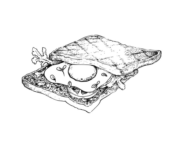 Illustratie Hand getrokken schets van Delicious zelfgemaakte vers geroosterde boterham met gebakken ei, Tometoes, ui en sla geïsoleerd op witte achtergrond - Vector, afbeelding