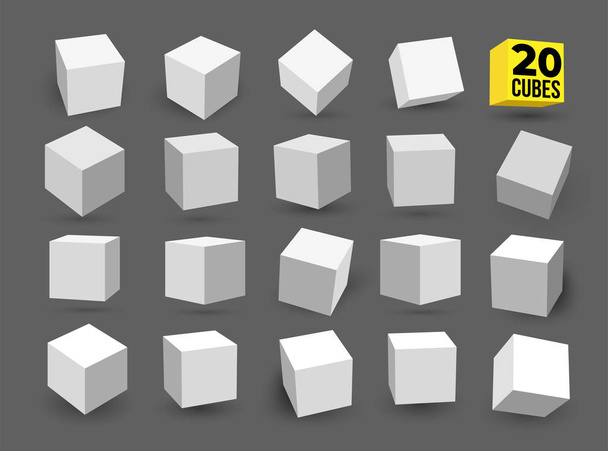 A fehér 3d kocka szett csomag a elszigetelt fehér háttér. Más fényben, a perspektíva és a szög. Vektoros illusztráció. Elszigetelt, a szürke háttér. - Vektor, kép