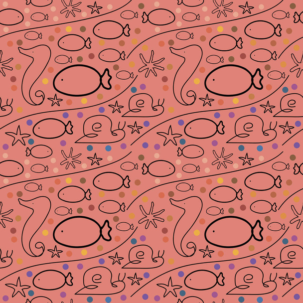 海の魚、カタツムリ、赤い背景の上の星とかわいい幼稚なシームレス パターン - ベクター画像