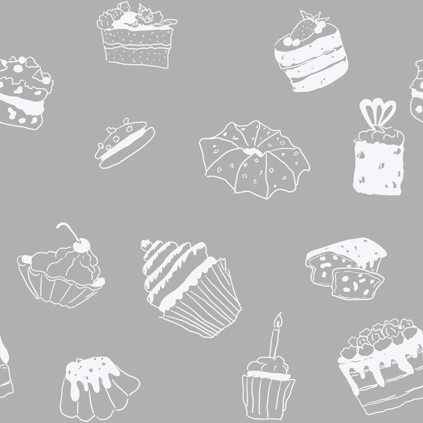 Jednolity wzór słodycze doodle wzór ciasta szary z białym konturem - Wektor, obraz