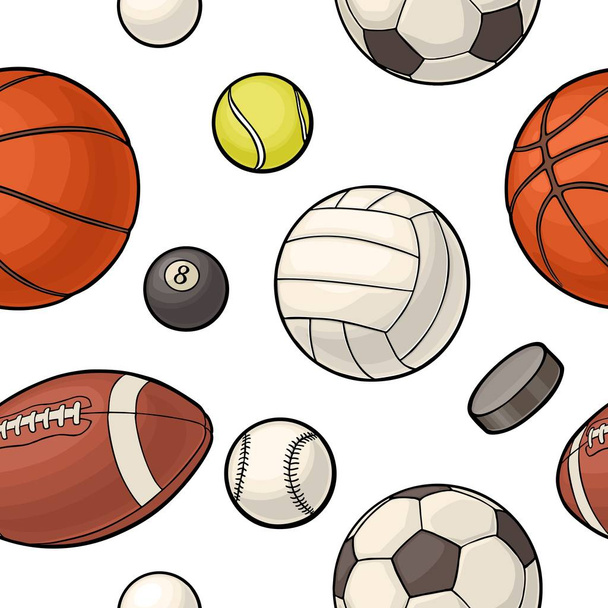 Seamless pattern different kinds sport balls. Color vector flat illustration - Vector, Image