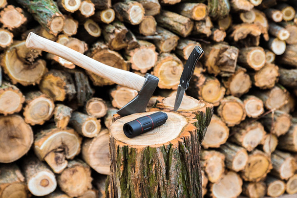 Axt, Monokel und Mantelmesser auf dem Baumstumpf, Feuerholz im Hintergrund - Foto, Bild
