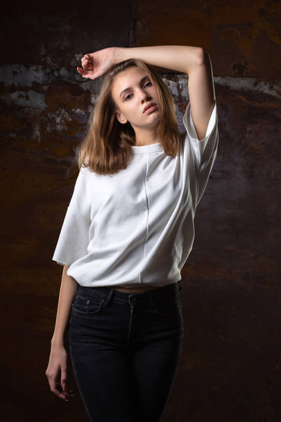 Test shooting for stylish young woman wears jeans and shirt - Zdjęcie, obraz