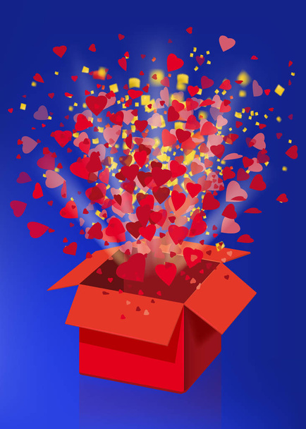 Avoin räjähdys punainen lahjapakkaus lentää sydämet ja konfetti Hyvää ystävänpäivää. Vektori kuvitus malli bamer juliste eristetty. Sininen tausta
 - Vektori, kuva