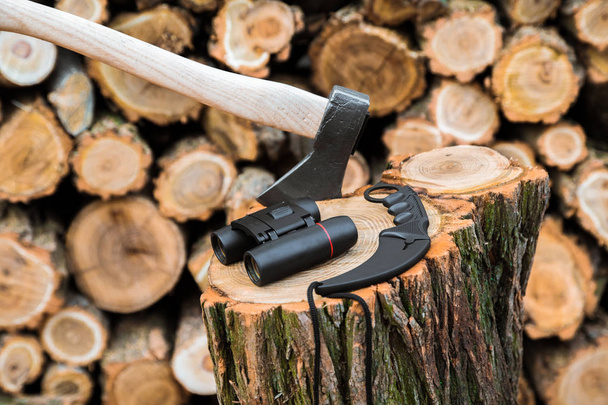 axe, binoculars and karambit knife case on the stump, firewoods on the background - Zdjęcie, obraz