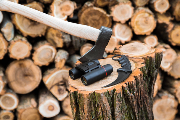 Axt, Fernglas und Karambit-Messeretui auf dem Baumstumpf, Feuerholz im Hintergrund - Foto, Bild