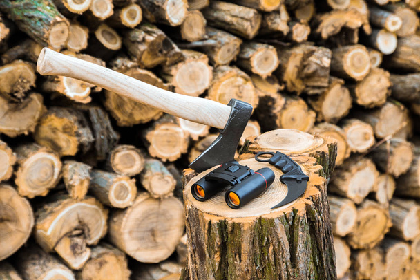 Axt, Fernglas und Karambit-Messeretui auf dem Baumstumpf, Feuerholz im Hintergrund - Foto, Bild