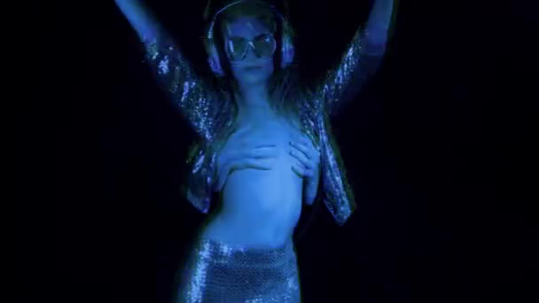 sexy beautiful woman dancing in sparkling costume with pair of hands covering breasts.  - Footage, Video