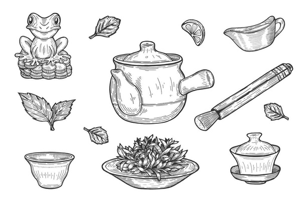 Ilustração vetorial do conjunto de cerimônia de chá chinês. Gaiwan xícara, bule de barro, pires, snifter, prato com um chá verde, Feng shui ou fengshui sapo dinheiro. Estilo desenhado à mão
. - Vetor, Imagem