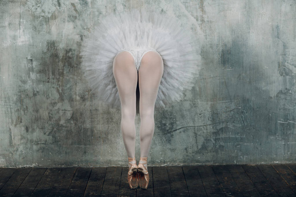 Ballerina benen. Mooie vrouw balletdanser, gekleed pointe-schoenen en witte ronde tutu.in ballroom. - Foto, afbeelding