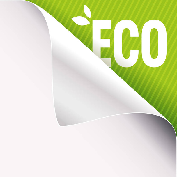 Curled corner of white paper on a green right top angle background. Eco slogan sign with leaves. Vector illustration. - Vector, Image