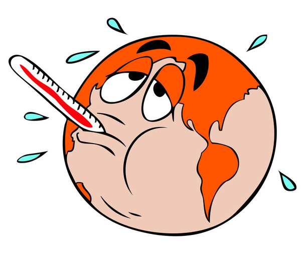 地球温暖化の概念。口の中に温度計を持って病気の地球 - ベクター画像