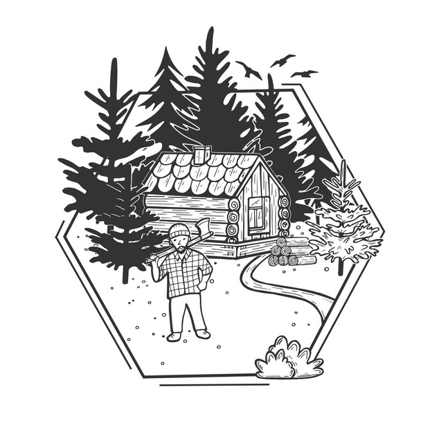 Vector illustration of wildlife nature fir tree forest landscape with wooden hut house and firewood stack. Lumberjack with ax. Hand drawn modern vintage style. - Vettoriali, immagini