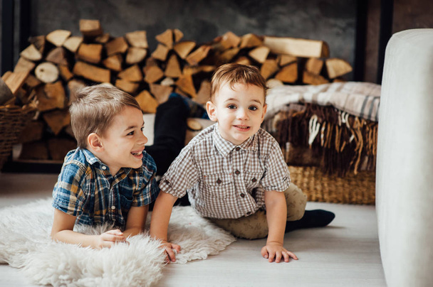 Two funny boys play together. Cute happy brothers smiling and having fun - Photo, Image