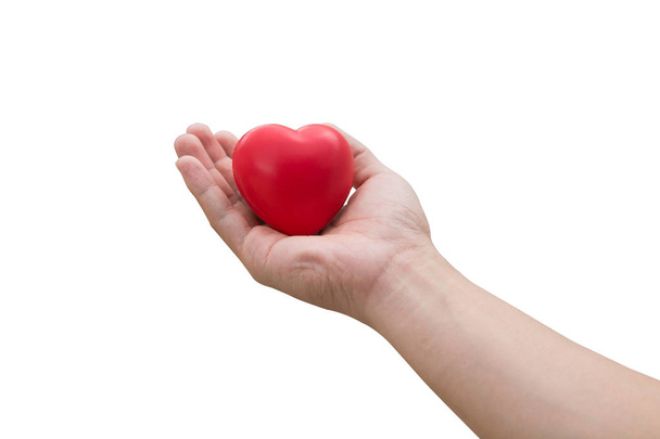 Rood hart bal: Stress reliever schuim bal het rode hart vorm aan de kant van de vrouw geïsoleerd op een witte achtergrond met uitknippad - Foto, afbeelding