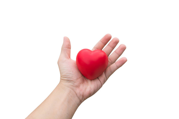 Μπάλα κόκκινη καρδιά: άγχος ανακουφίζων αφρού μπάλα κόκκινη καρδιά σχήμα στο χέρι γυναίκα που απομονώνονται σε λευκό φόντο με διαδρομή αποκοπής - Φωτογραφία, εικόνα